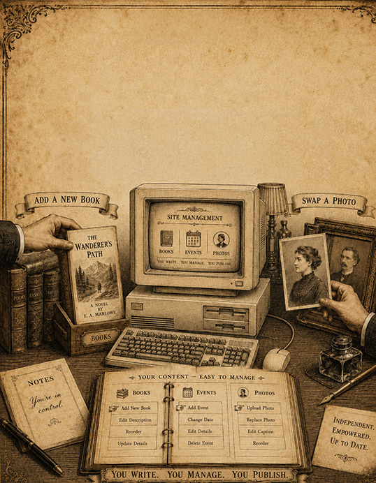 A vintage engraving of an author's desk showing a site management screen for adding a new book, changing an event date and swapping a photo